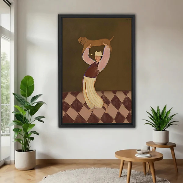 Vintage Woman Lifting Dachshund Framed Wall Art Print l2835