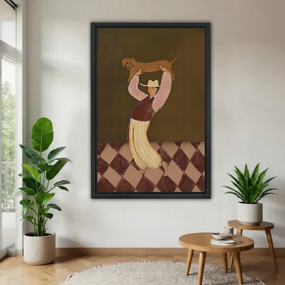 Vintage Woman Lifting Dachshund Framed Wall Art Print l2835