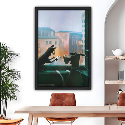 Whimsical Cat Dog City Window Framed Canvas Wall Art l2640