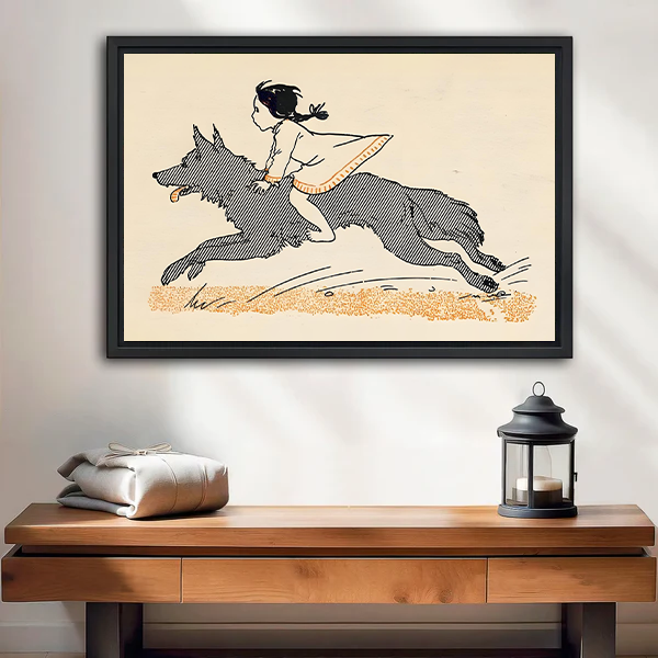 Vintage ink illustration framed canvas wall art of a girl riding a leaping wolf dog across a golden field, bold graphic style, entryway decor