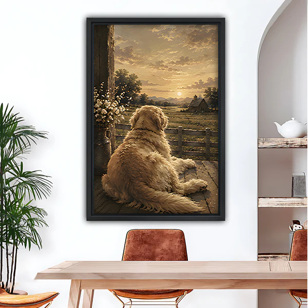 Golden retriever sitting on farm porch watching sunset vintage oil painting framed canvas wall art in dining room