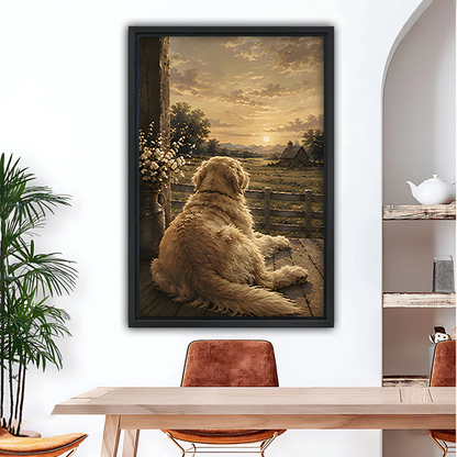 Golden retriever sitting on farm porch watching sunset vintage oil painting framed canvas wall art in dining room
