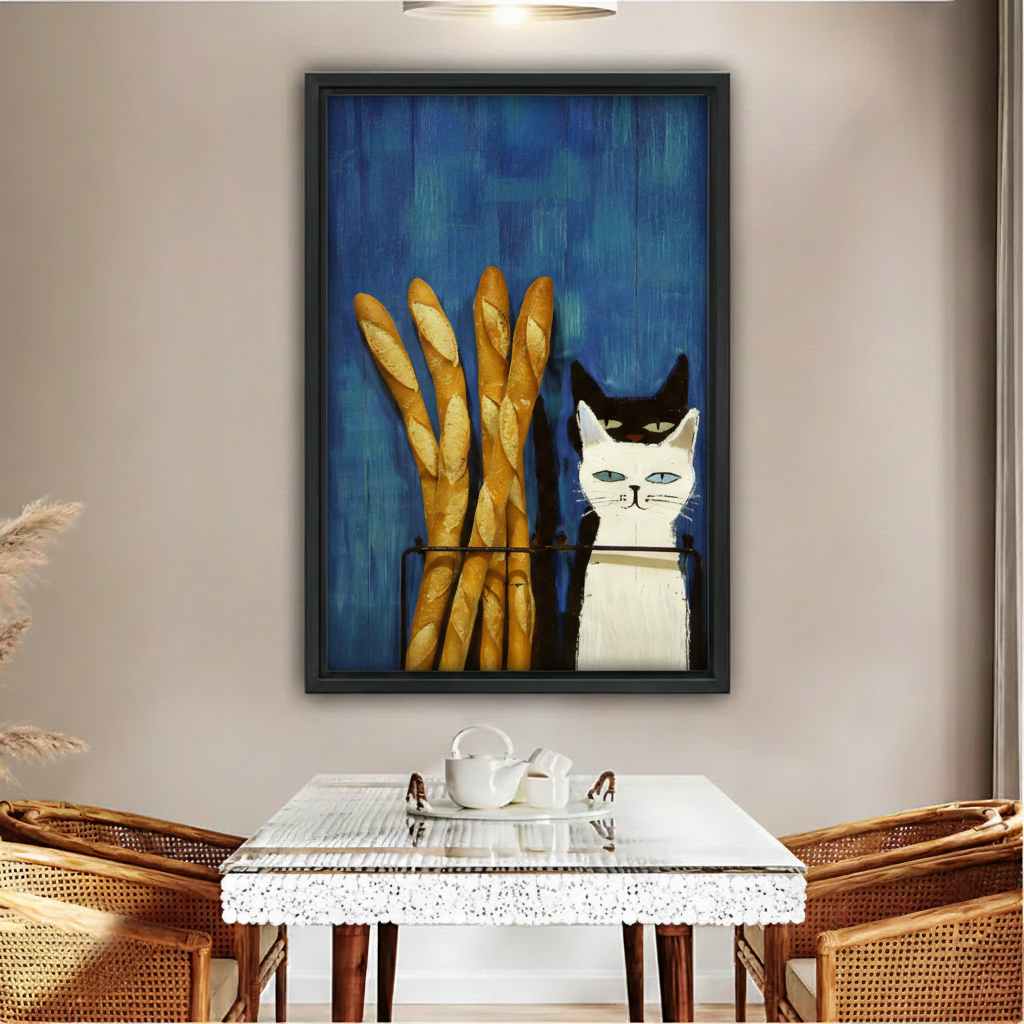 Black and white cat with French baguettes framed wall art print, black frame, bold blue oil painting style, displayed above a rattan dining table in a warm boho dining room with wicker chairs