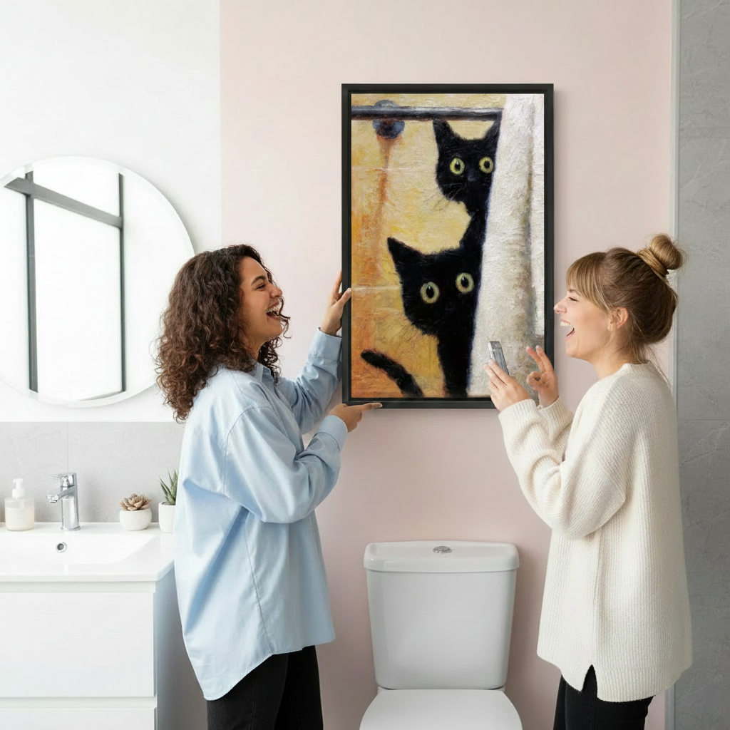 Two women laughing while hanging funny black cats peeking shower curtain framed canvas wall art, black frame, bright modern bathroom with round mirror