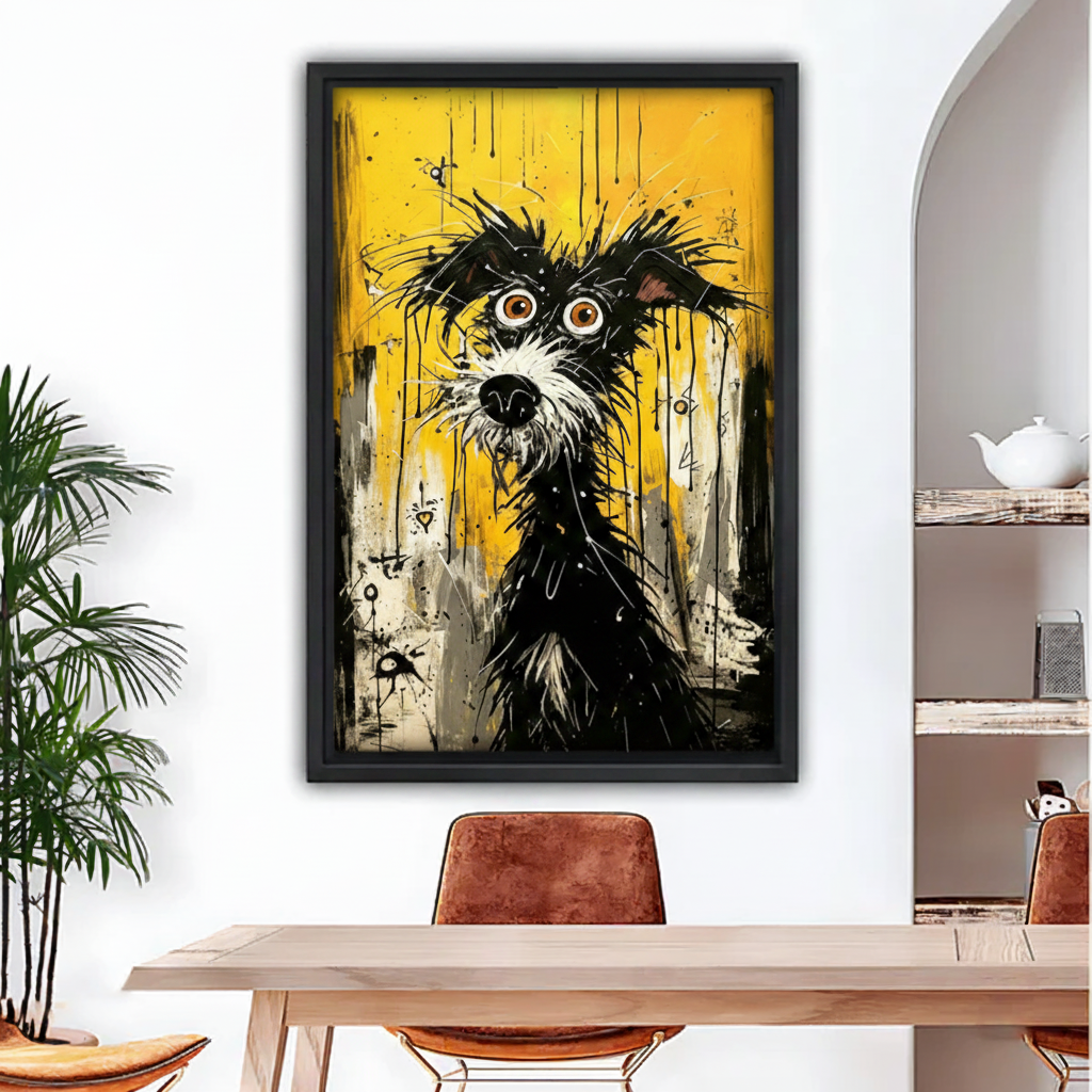 Graffiti dog pop art framed canvas wall art in black frame above dining table — wild-eyed terrier on yellow, modern eclectic home decor