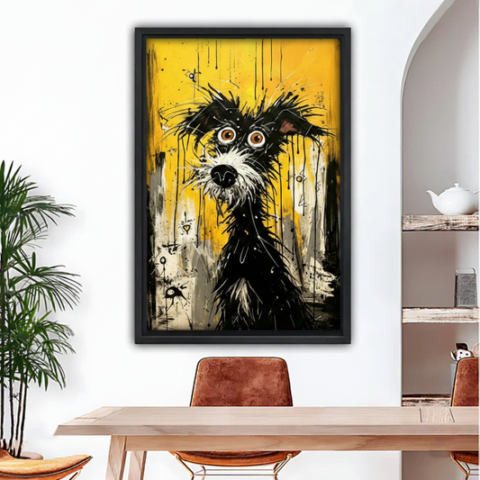 Graffiti dog pop art framed canvas wall art in black frame above dining table — wild-eyed terrier on yellow, modern eclectic home decor