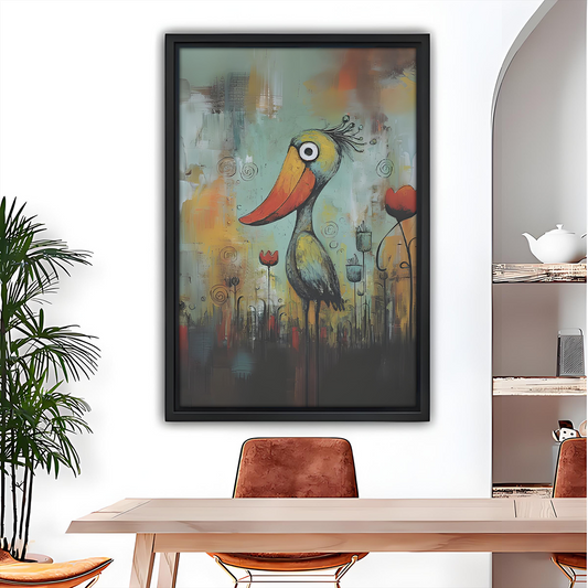 Whimsical big beak bird framed wall art print in abstract garden, colorful dining room decor
