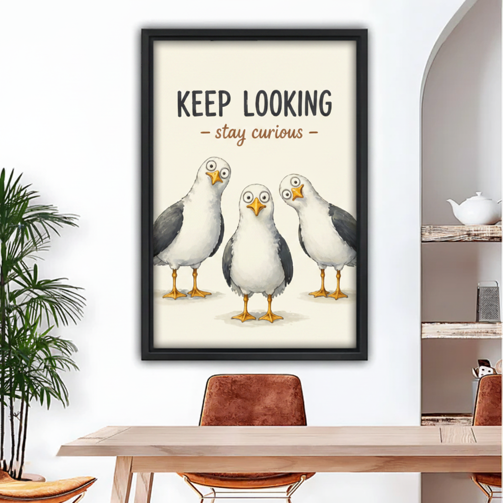 Framed seagull canvas wall art featuring curious bird trio with motivational quote, black frame dining room decor