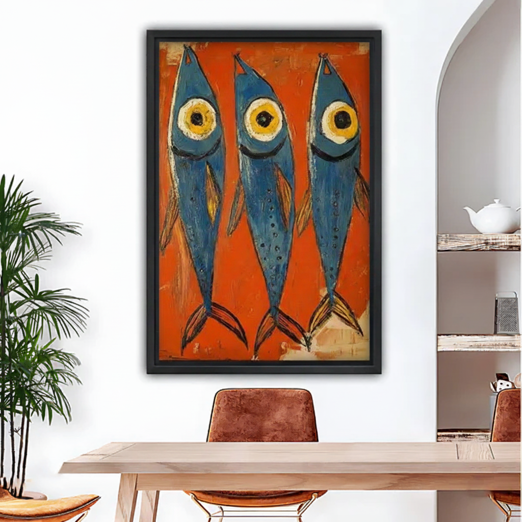 Framed blue fish canvas print with vibrant orange background, black frame, modern dining room wall art