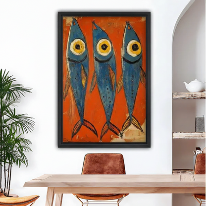 Framed blue fish canvas print with vibrant orange background, black frame, modern dining room wall art