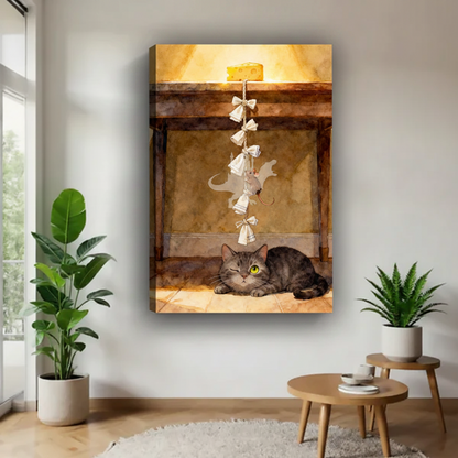 Funny cat and mouse watercolor gallery wrap canvas above entryway console, tabby cat watching mouse climb ribbon toward cheese