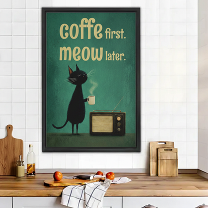Funny black cat coffee first meow later vintage radio teal background wall art print in black frame above wooden kitchen counter with cutting boards and oranges in rustic kitchen