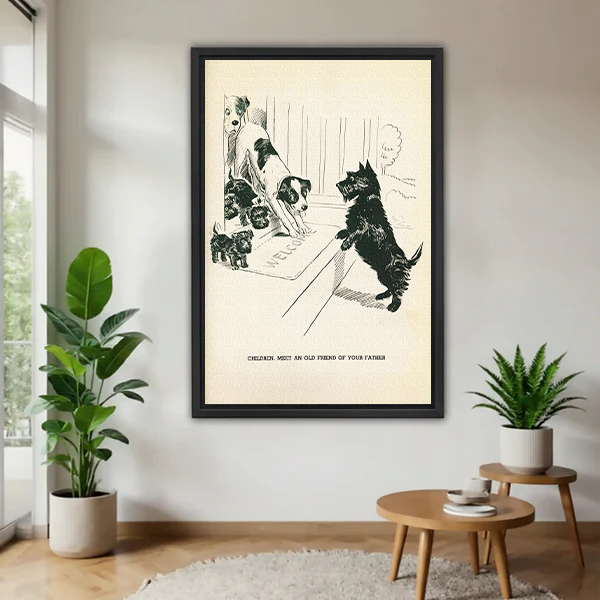 Framed vintage dog illustration wall art print hanging in a modern living room with green plants