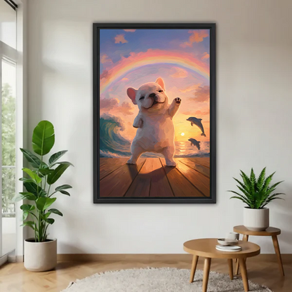 Joyful French bulldog sunset rainbow wall art print in black frame in modern living room