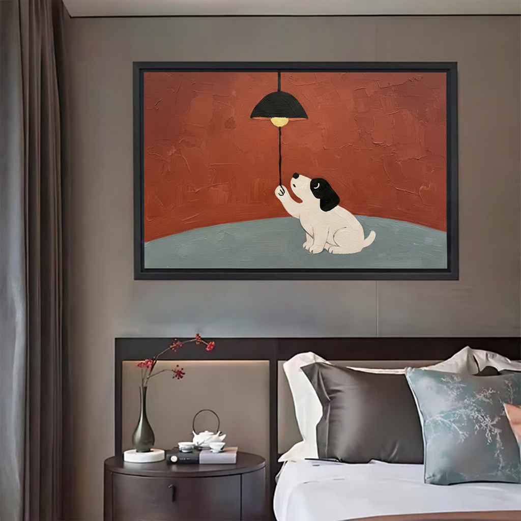 Modern Textured Curious Dog Wall Art – Framed Puppy Lamp Print for Minimalist Interiors