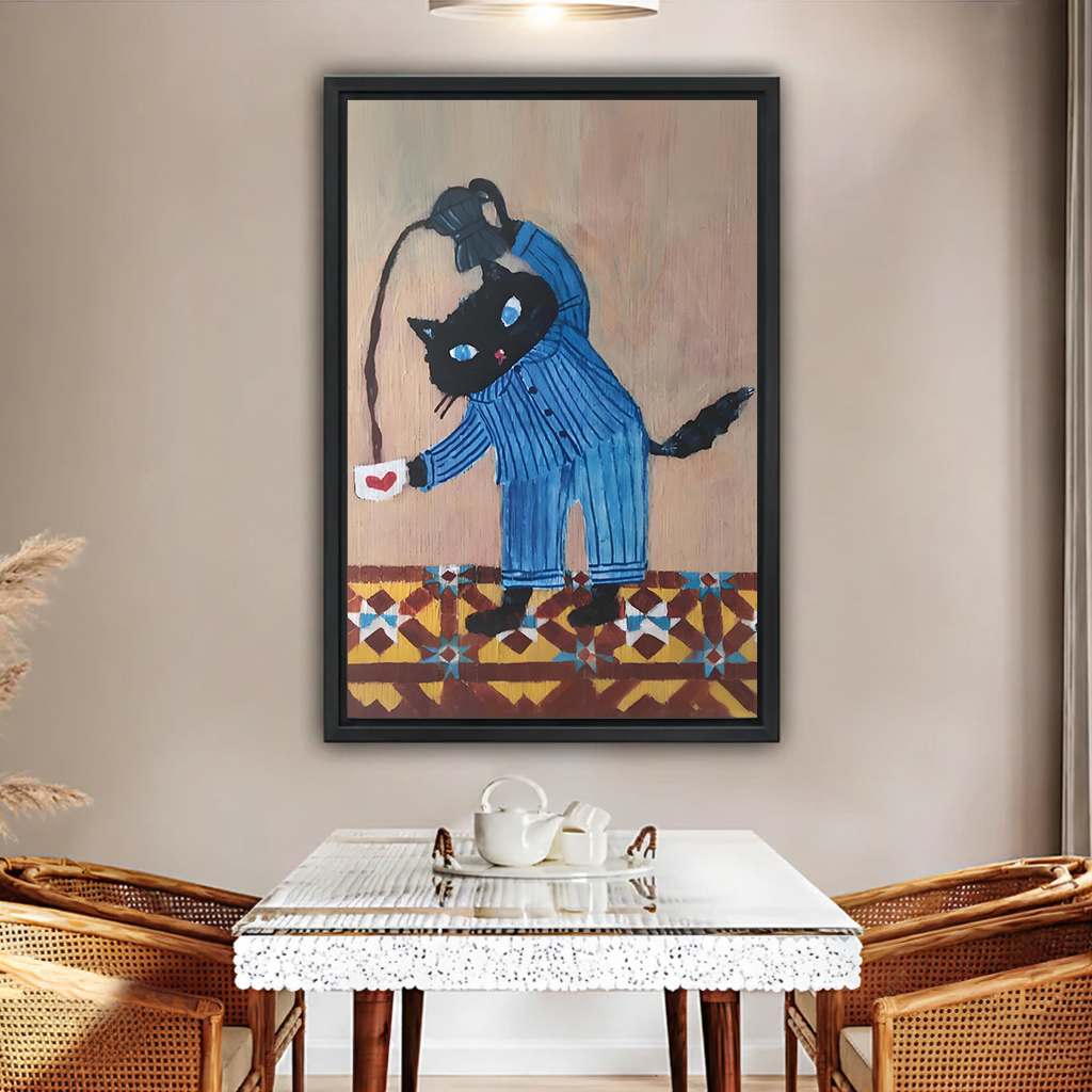 Black cat pajamas coffee vintage oil painting framed canvas wall art in black frame above glass dining table with rattan chairs