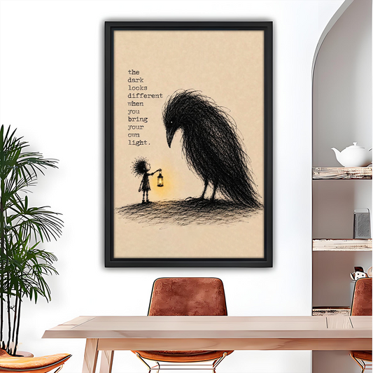 Inspirational framed wall art print of girl with lantern and dark creature, bring your own light quote dining room decor
