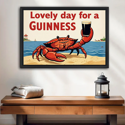 Gallery-wrap Guinness crab canvas wall art featuring a red crab raising a pint, displayed above a wooden console.