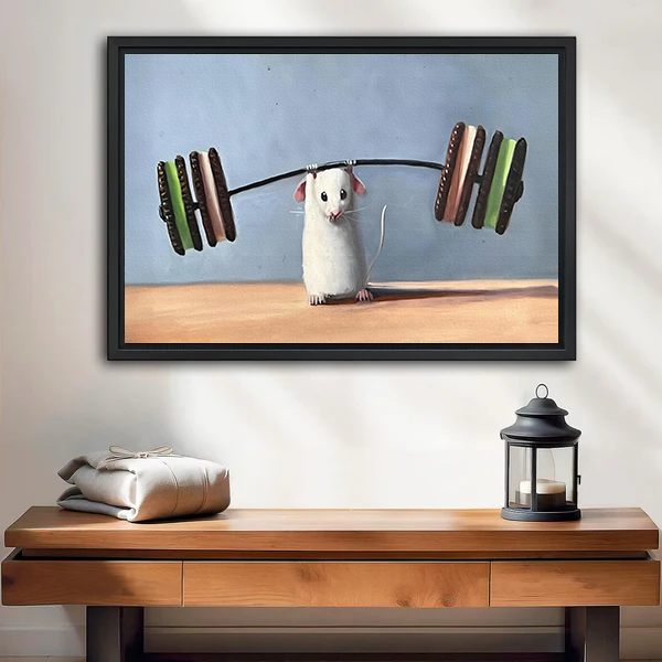 Funny weightlifting mouse framed canvas wall art – black frame home decor print
