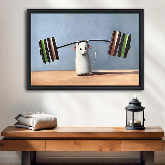 Funny weightlifting mouse framed canvas wall art – black frame home decor print