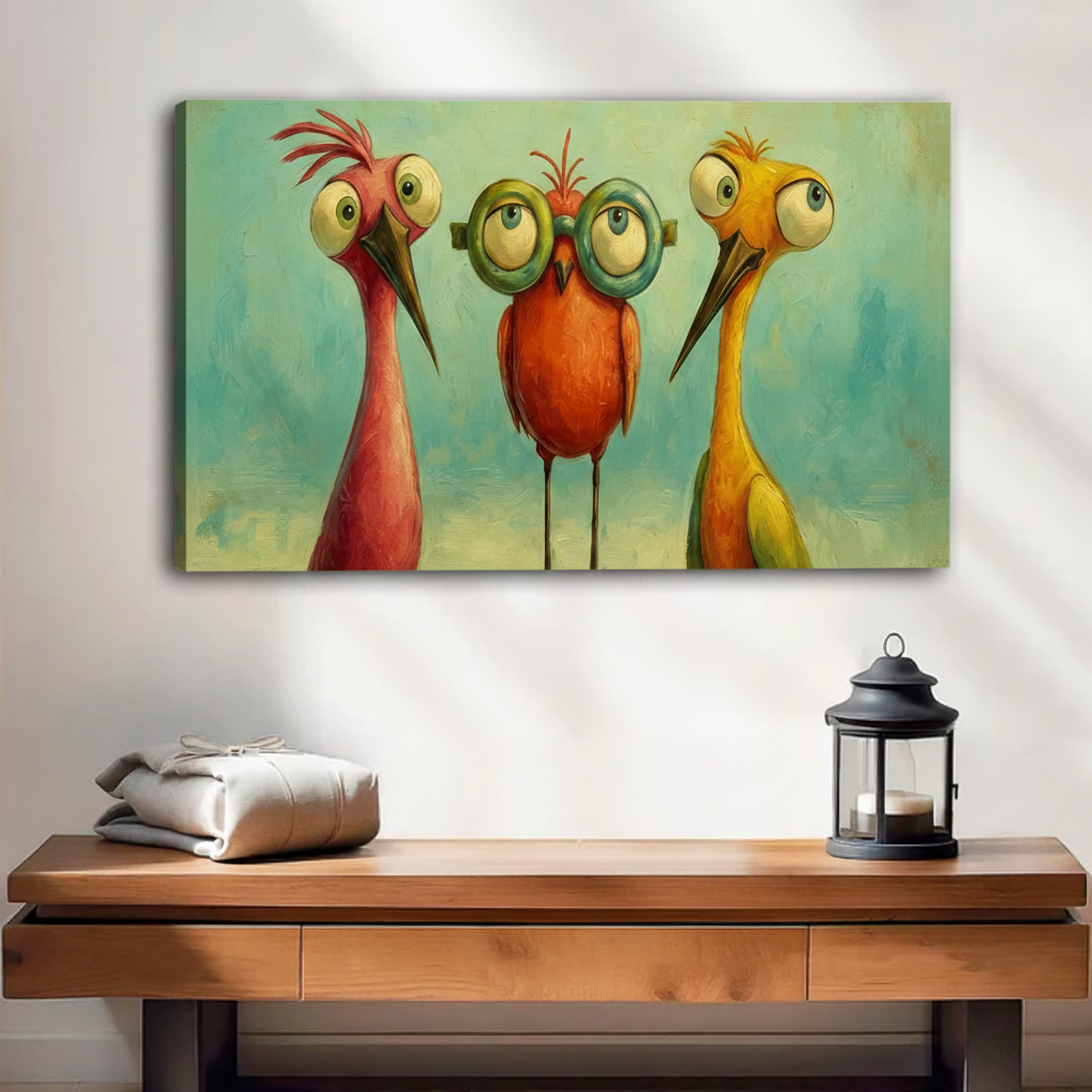 Funny whimsical birds unframed canvas wall art on console table, colorful quirky bird print gallery wrap
