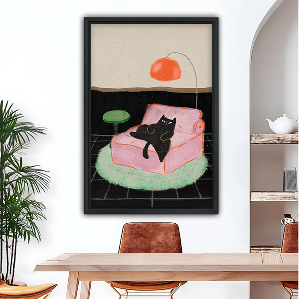Mid-century black cat pink sofa framed canvas wall art above dining table