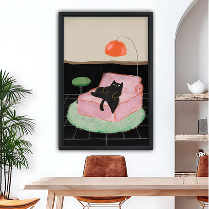 Mid-century black cat pink sofa framed canvas wall art above dining table