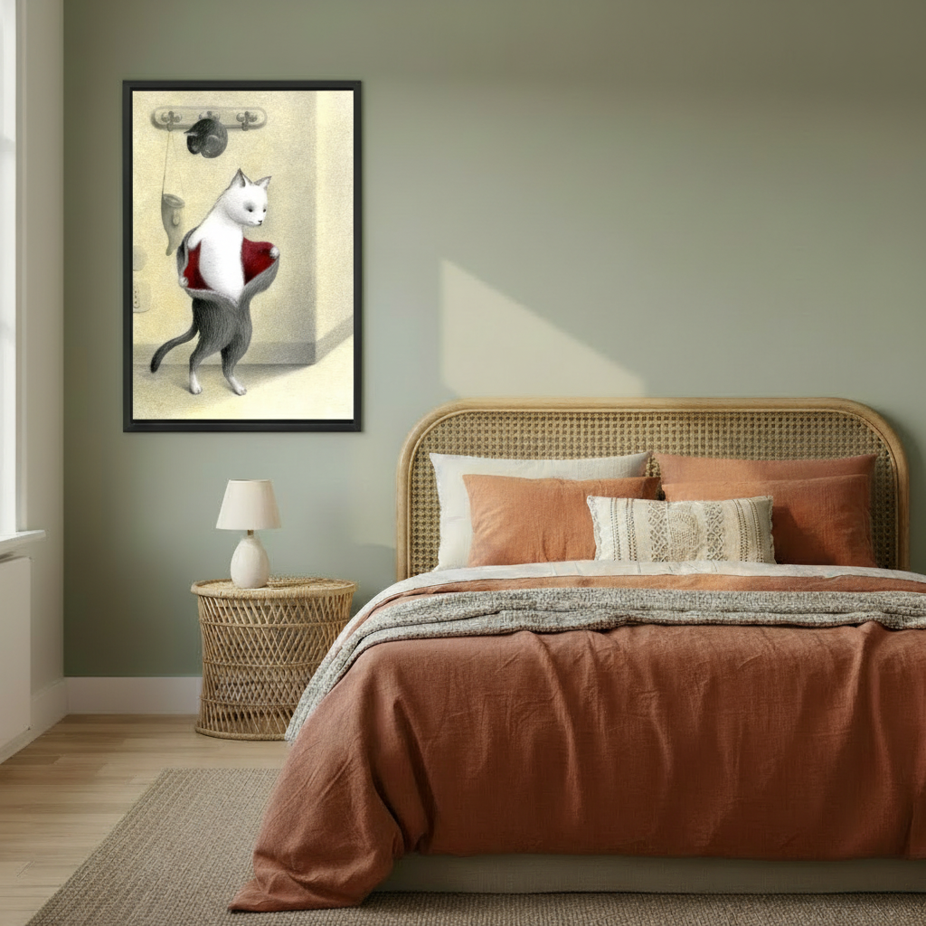 Funny white cat in red jacket framed canvas wall art on sage green bedroom wall beside rattan bed