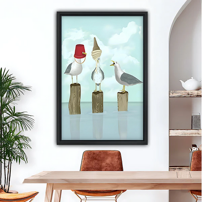 Funny three seagulls coastal framed wall art print hanging in dining room above wooden table