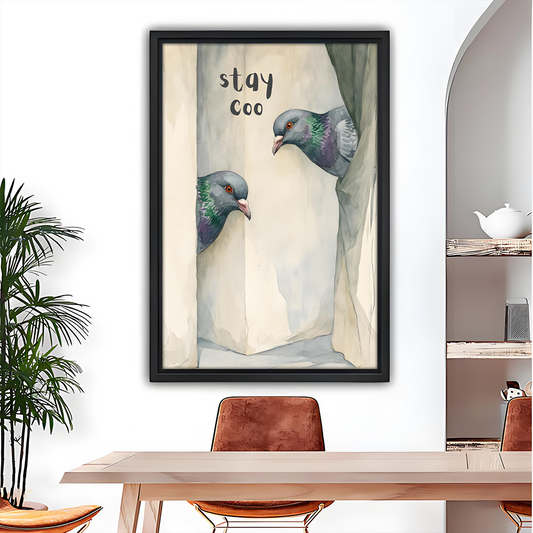 Funny pigeon framed wall art print with Stay Coo text, quirky dining room decor
