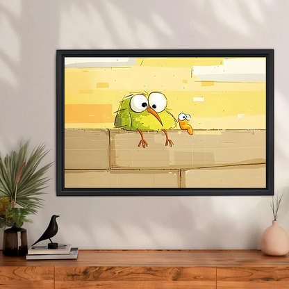 Funny cartoon two birds peeking over brick wall framed canvas wall art print on warm yellow background above wooden sideboard with plants