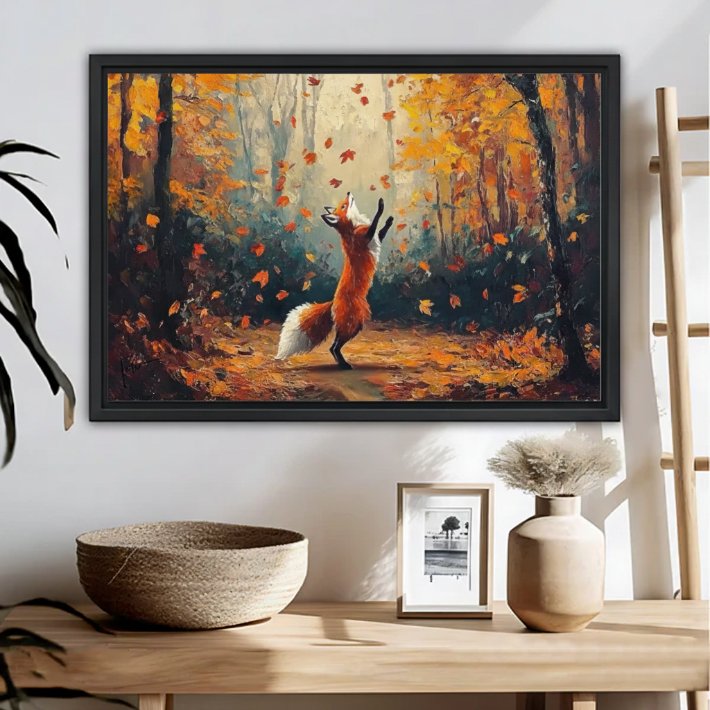 Red Fox Leaping in Fall Leaves Framed Wall Art – Impressionist Autumn Forest Print for Nature Lovers