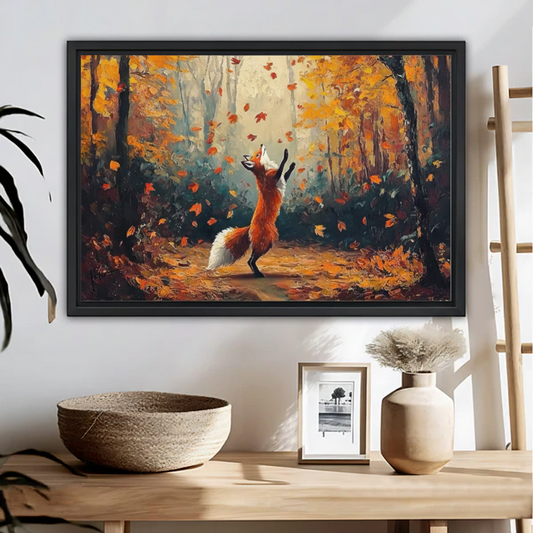 Red Fox Leaping in Fall Leaves Framed Wall Art – Impressionist Autumn Forest Print for Nature Lovers