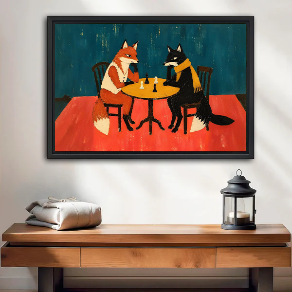 Whimsical Foxes Playing Chess Canvas Wall Art | Framed & Unframed l5021
