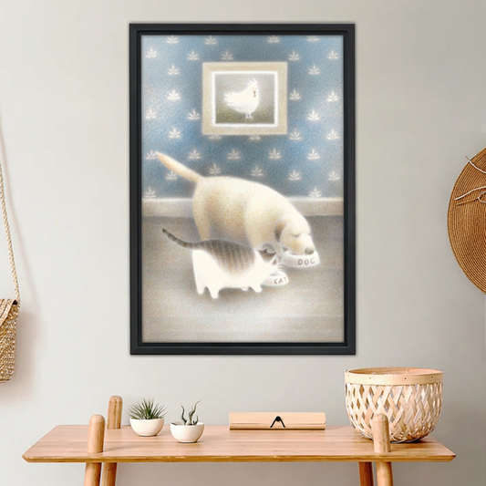 图1 金毛犬猫咪偷吃插画木框场景