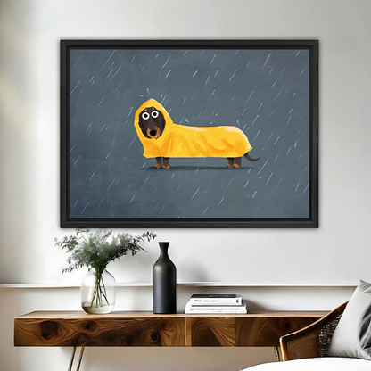 Funny dachshund in yellow raincoat framed canvas wall art above wooden console table
