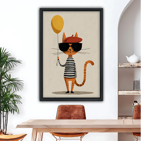Cool cat wearing sunglasses red beret striped shirt holding yellow balloon minimalist illustration framed canvas wall art in black frame above wooden dining table with arched wall