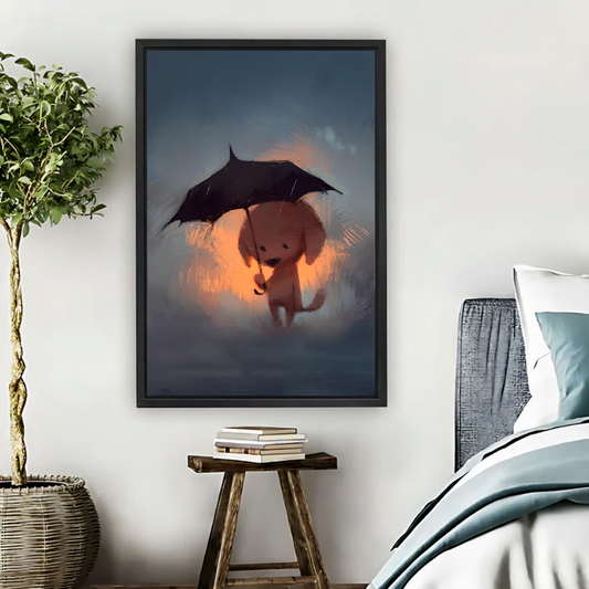Fantasy glowing dog with black umbrella moody night illustration framed wall art print above wooden stool in boho bedroom