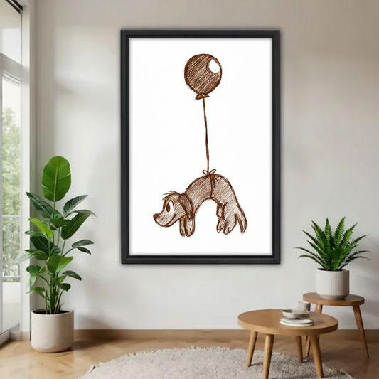  Framed dog balloon wall art print in sepia sketch style, displayed in a modern minimalist living room