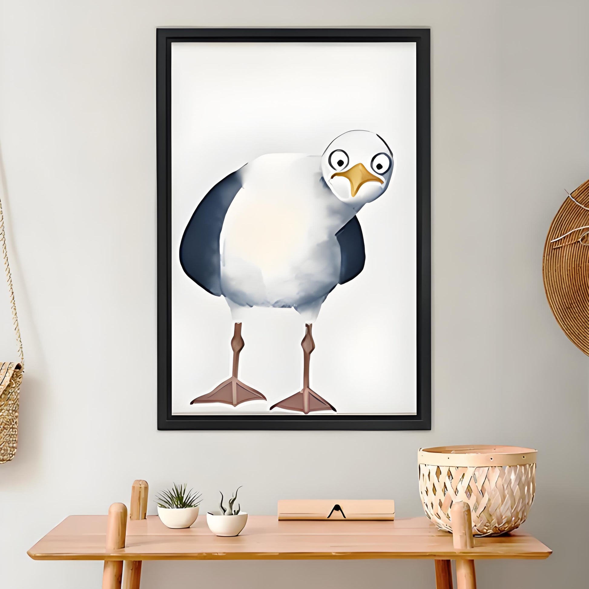 Quirky seagull art print in black frame displayed above wooden console table, humorous bird wall art for living room or entryway