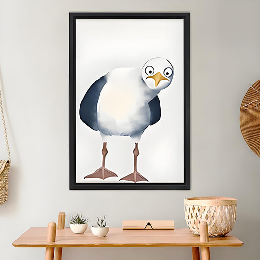 Quirky seagull art print in black frame displayed above wooden console table, humorous bird wall art for living room or entryway