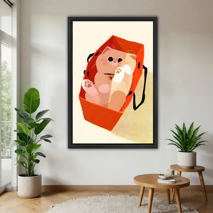 Chubby fluffy pink cat lying on its back inside red tote shopping bag with paws up showing pink paw pads and gold bell collar overhead view flat minimalist illustration style framed wall art hung on white wall in bright Scandinavian living room with round wooden side table and large tropical plants
