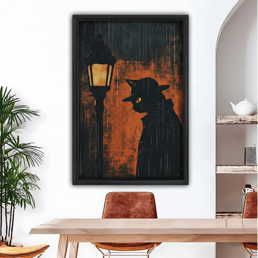 Framed noir black cat wall art print — mysterious cat in hat by glowing lantern, gothic home decor