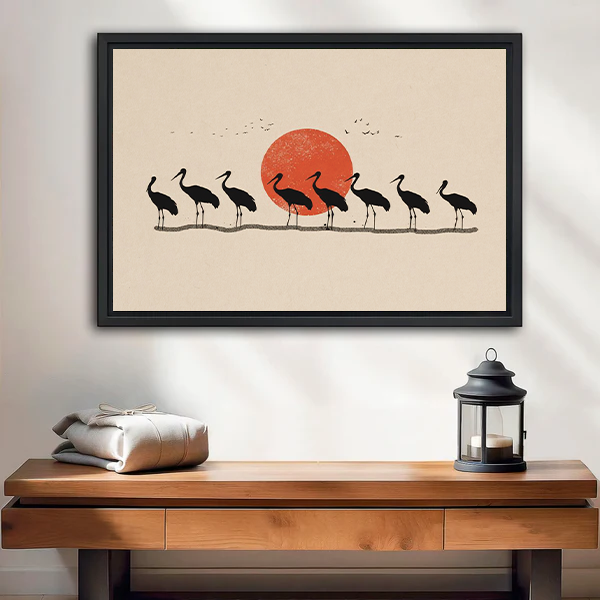 Japanese Crane Silhouette Red Sun Black Framed Wall Art Print Entryway Decor