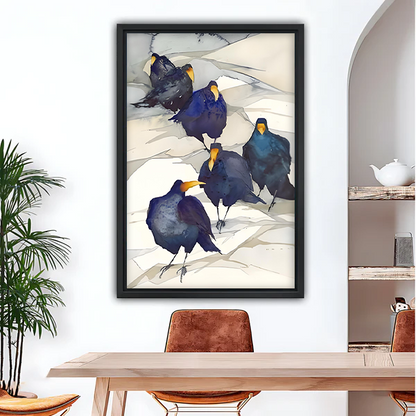 Bold watercolor crow flock framed canvas wall art in black frame, dark blue birds with yellow beaks for dining room decor