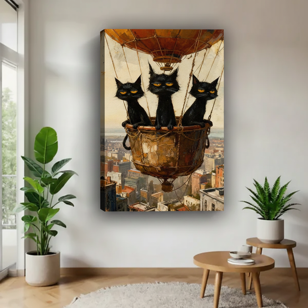 Three black cats hot air balloon gallery wrap canvas print, modern living room wall art