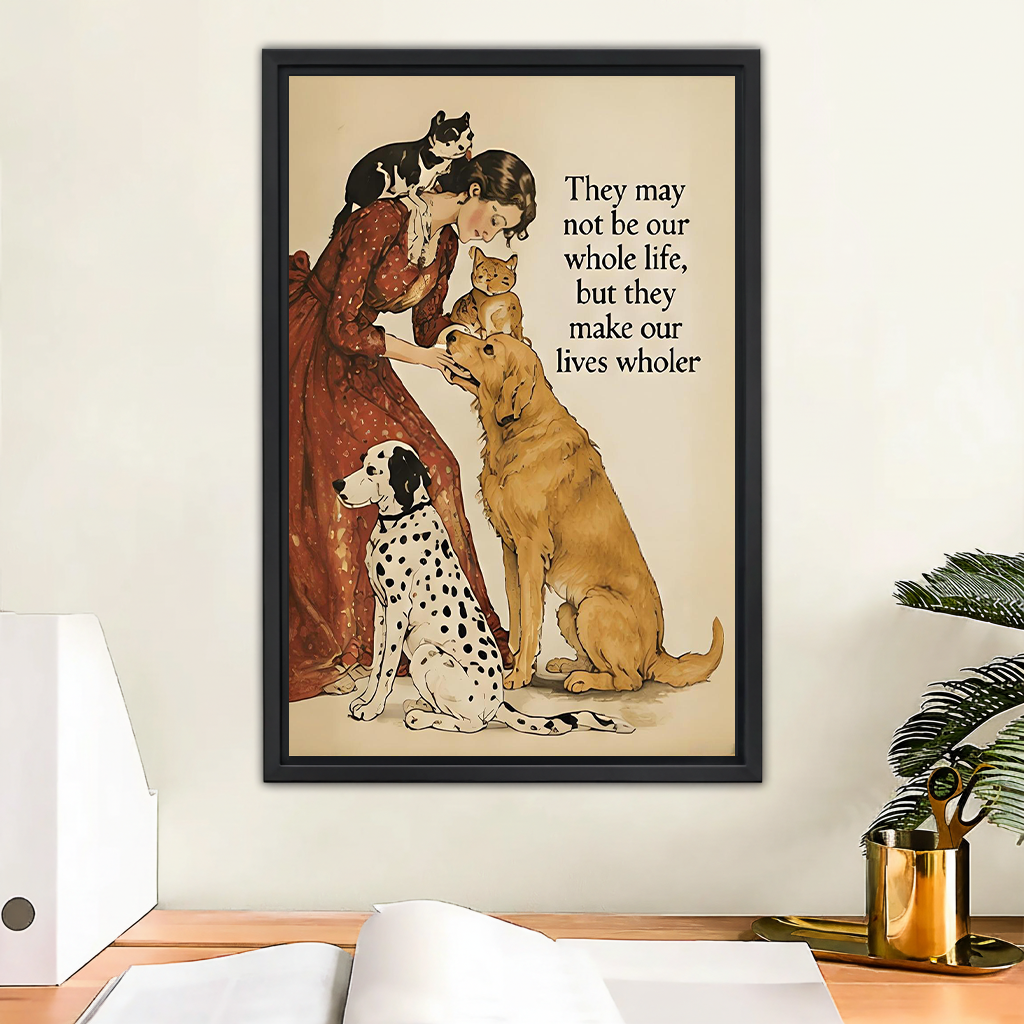 Woman in red floral dress bending to kiss orange cat with black white cat on her head golden retriever and dalmatian sitting beside her vintage watercolor illustration with lives wholer quote framed wall art hung on white wall above wooden desk with white binder open notebook and gold mug beside palm plant in home office