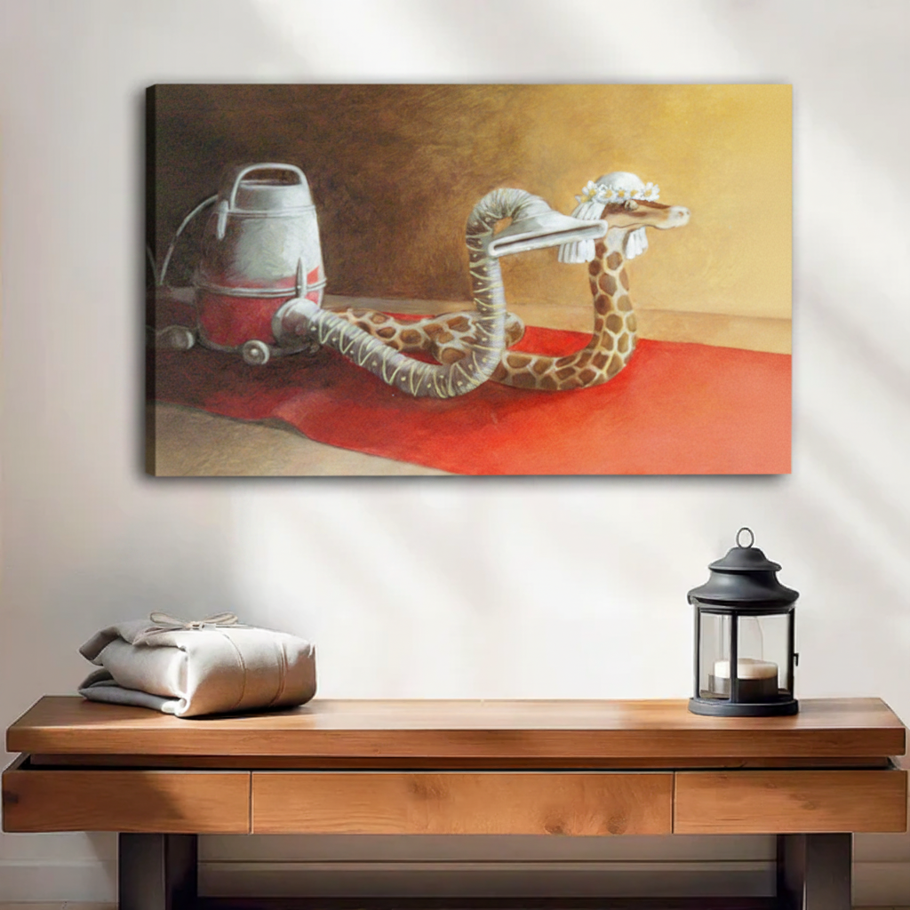 Whimsical snake as vacuum hose frameless gallery wrap canvas above entryway table, surrealist animal wall art print
