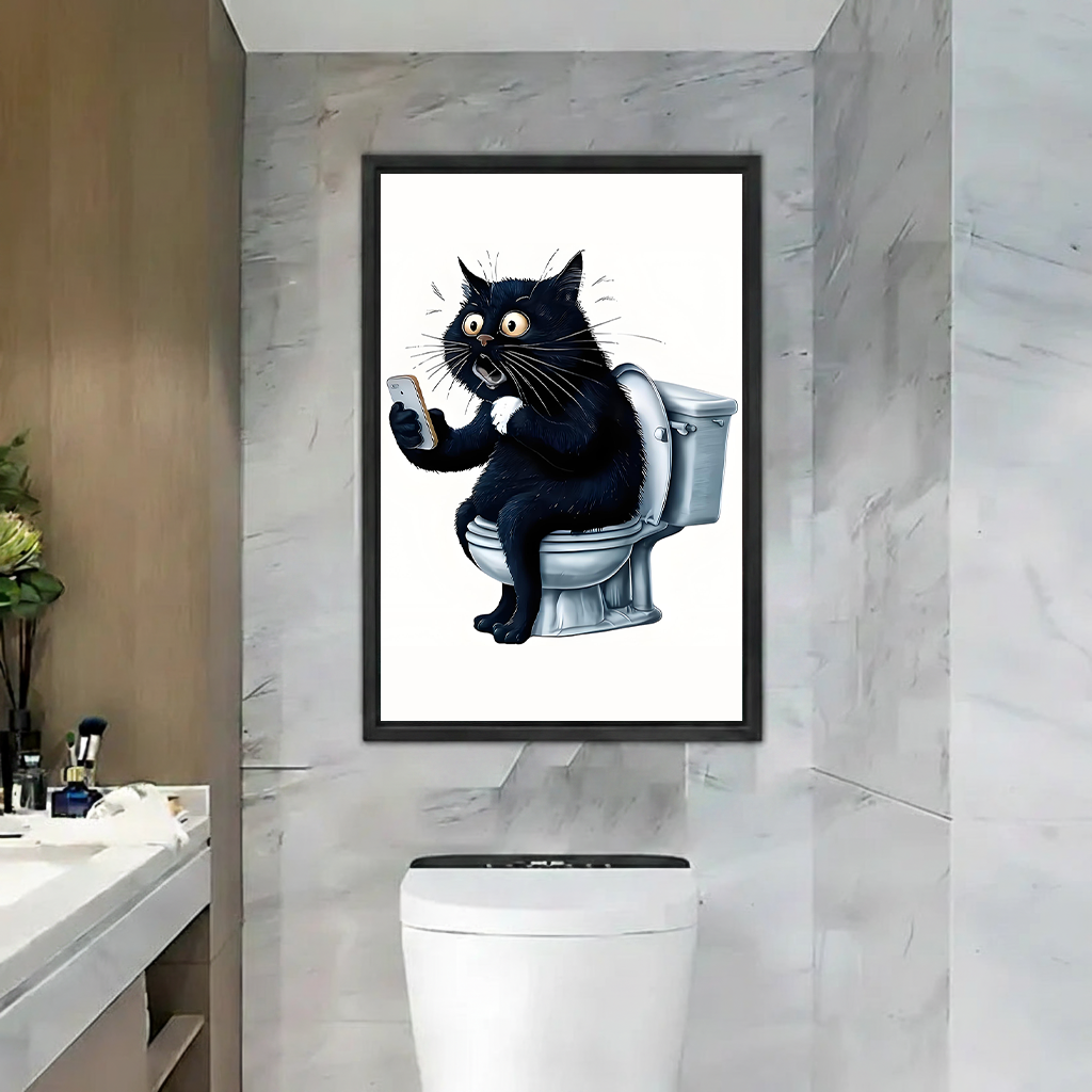 Funny black cat on toilet with phone — framed canvas print in marble bathroom