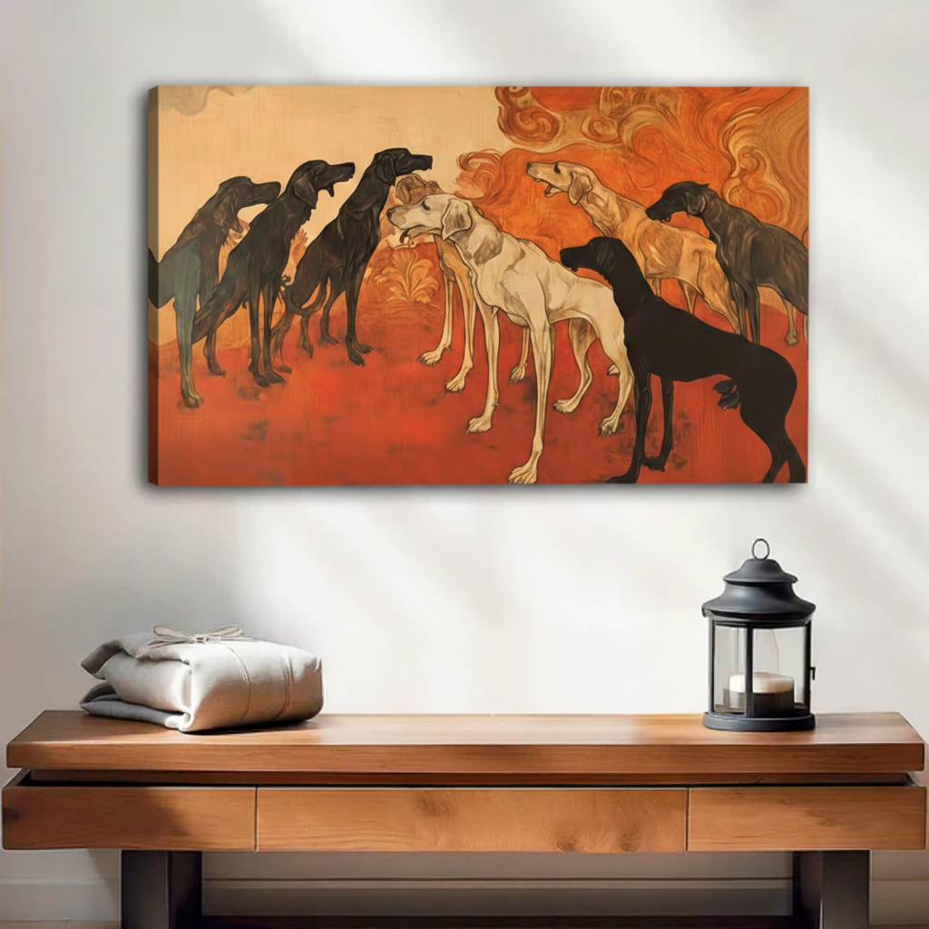 Vintage greyhound pack gallery wrap canvas print in burnt orange tones, frameless wall art above entryway table